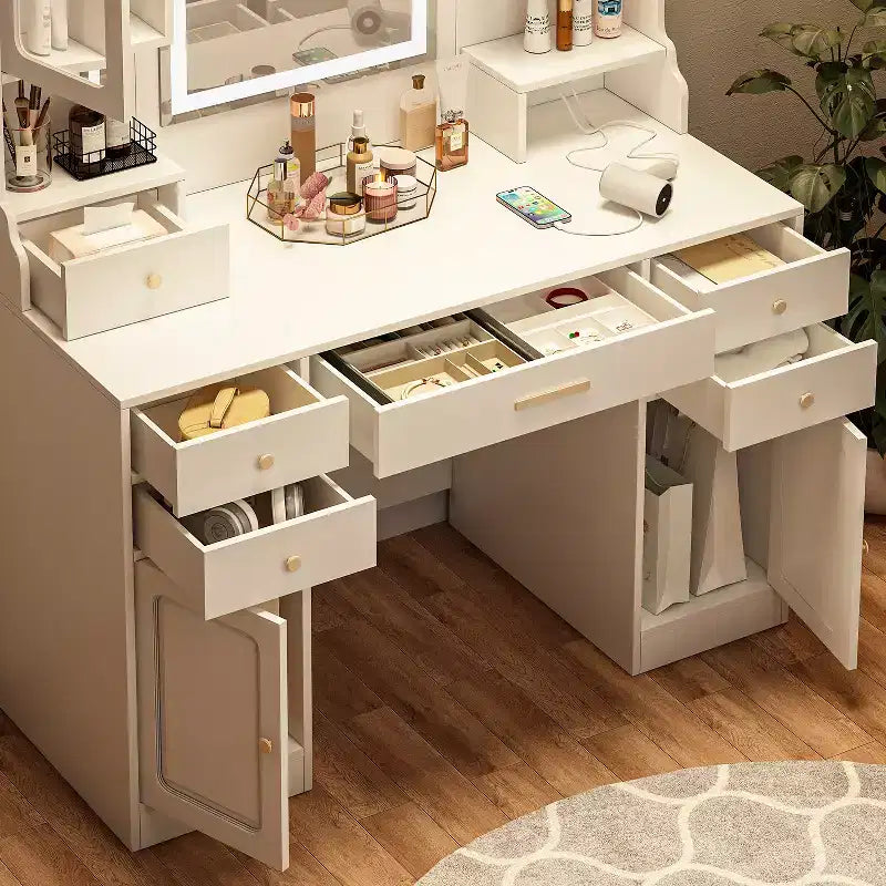 Coiffeuse avec miroir, 6 tiroirs et étagères, Blanc