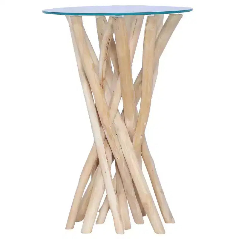 Table basse ronde en teck massif - Table d'appoint/de bout avec plateau en verre, pièce d'accent fabriquée à la main pour salon/salle de séjour, marron clair