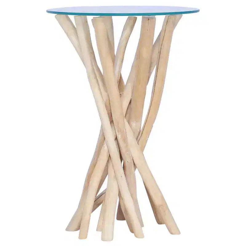 Table basse ronde en teck massif - Table d'appoint/de bout avec plateau en verre, pièce d'accent fabriquée à la main pour salon/salle de séjour, marron clair