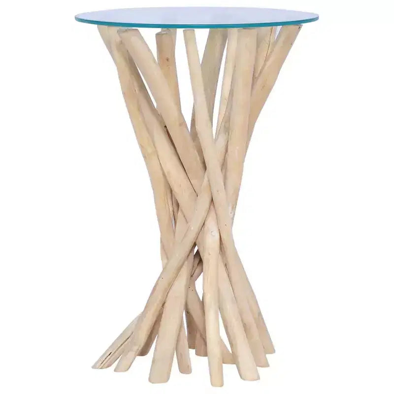 Table basse ronde en teck massif - Table d'appoint/de bout avec plateau en verre, pièce d'accent fabriquée à la main pour salon/salle de séjour, marron clair