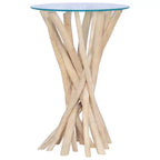 Table basse ronde en teck massif - Table d'appoint/de bout avec plateau en verre, pièce d'accent fabriquée à la main pour salon/salle de séjour, marron clair