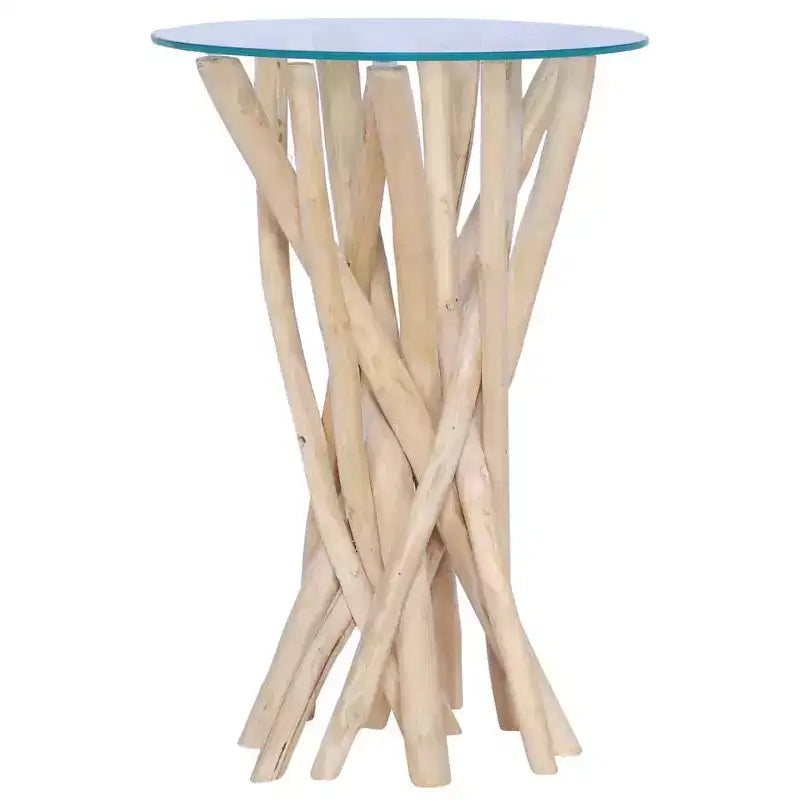 Table basse ronde en teck massif - Table d'appoint/de bout avec plateau en verre, pièce d'accent fabriquée à la main pour salon/salle de séjour, marron clair