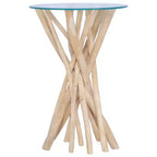 Table basse ronde en teck massif - Table d'appoint/de bout avec plateau en verre, pièce d'accent fabriquée à la main pour salon/salle de séjour, marron clair