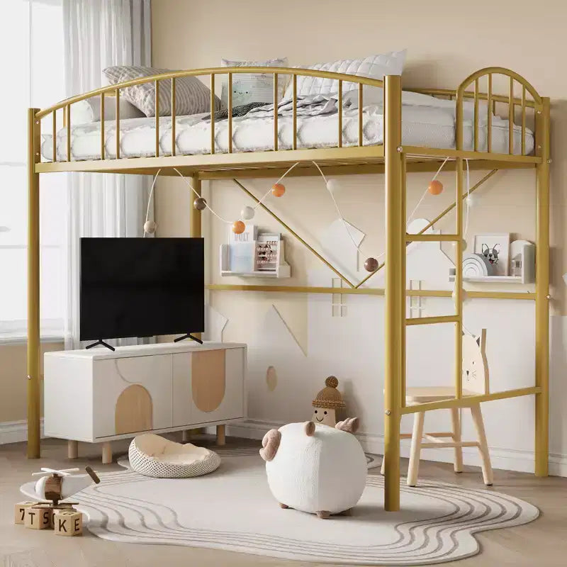 Lit mezzanine une place avec échelle et garde-corps haut cintré, lattes métalliques robustes, conception peu encombrante, assemblage facile, pas besoin de sommier tapissier pour enfants Doré