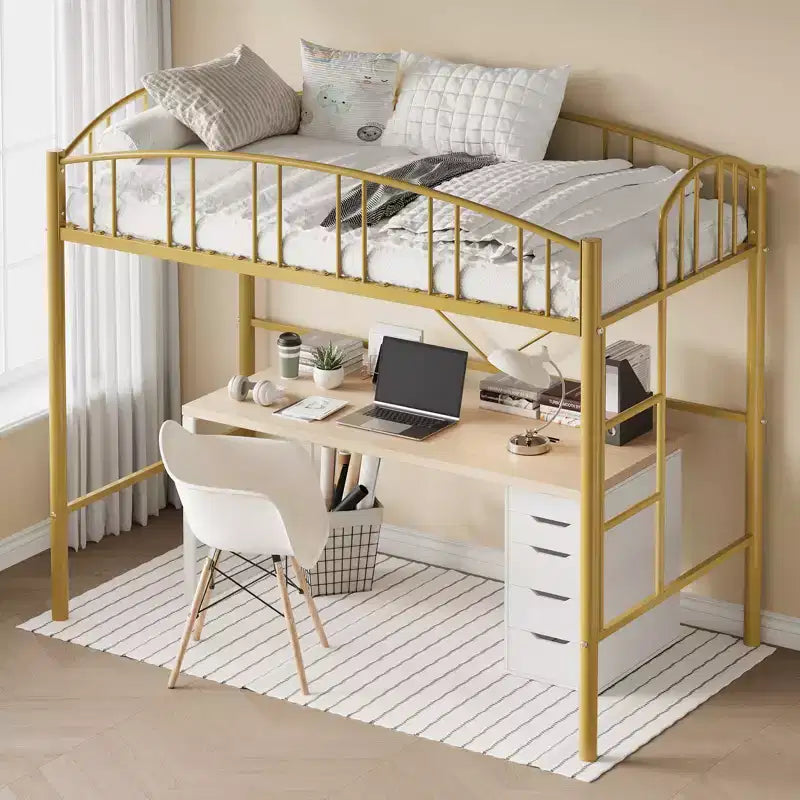 Lit mezzanine une place avec échelle et garde-corps haut cintré, lattes métalliques robustes, conception peu encombrante, assemblage facile, pas besoin de sommier tapissier pour enfants Doré