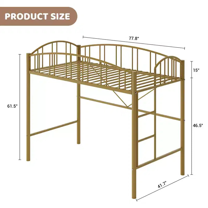 Lit mezzanine une place avec échelle et garde-corps haut cintré, lattes métalliques robustes, conception peu encombrante, assemblage facile, pas besoin de sommier tapissier pour enfants Doré