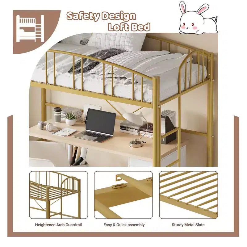 Lit mezzanine une place avec échelle et garde-corps haut cintré, lattes métalliques robustes, conception peu encombrante, assemblage facile, pas besoin de sommier tapissier pour enfants Doré