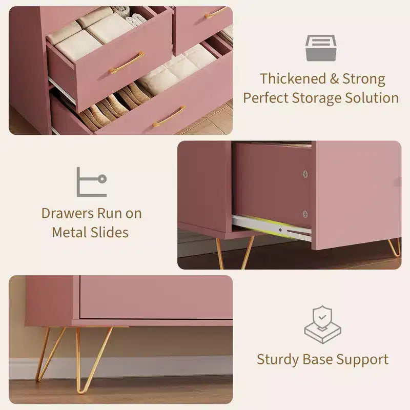 Commode de chambre, commode de 120 cm de large avec lumières LED, station de charge et 5 tiroirs coulissants, armoire de rangement moderne en bois
