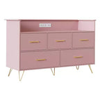 Commode de chambre, commode de 120 cm de large avec lumières LED, station de charge et 5 tiroirs coulissants, armoire de rangement moderne en bois