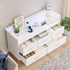 Commode de chambre, commode de 120 cm de large avec lumières LED, station de charge et 5 tiroirs coulissants, armoire de rangement moderne en bois