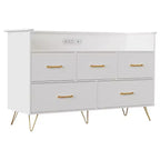 Commode de chambre, commode de 120 cm de large avec lumières LED, station de charge et 5 tiroirs coulissants, armoire de rangement moderne en bois