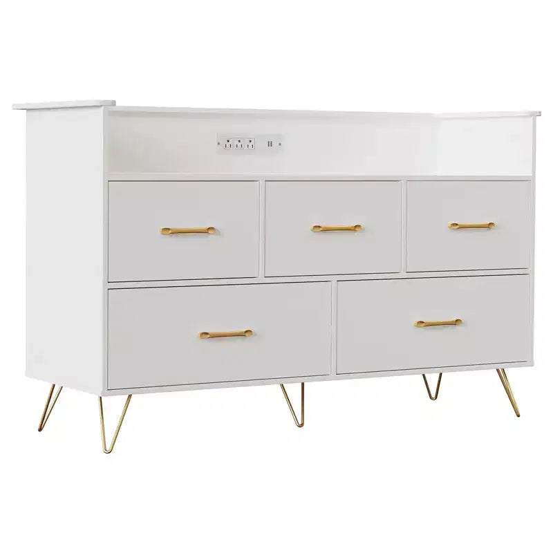 Commode de chambre, commode de 120 cm de large avec lumières LED, station de charge et 5 tiroirs coulissants, armoire de rangement moderne en bois