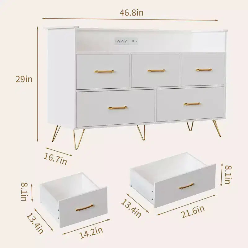 Commode de chambre, commode de 120 cm de large avec lumières LED, station de charge et 5 tiroirs coulissants, armoire de rangement moderne en bois
