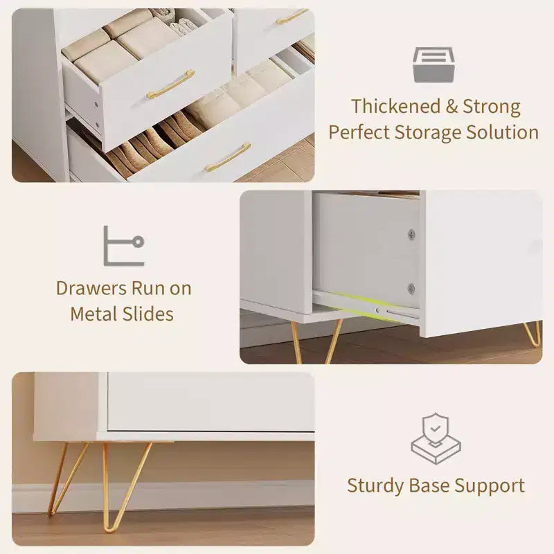Commode de chambre, commode de 120 cm de large avec lumières LED, station de charge et 5 tiroirs coulissants, armoire de rangement moderne en bois