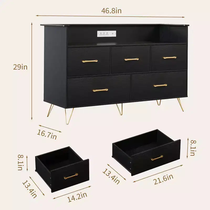 Commode de chambre, commode de 120 cm de large avec lumières LED, station de charge et 5 tiroirs coulissants, armoire de rangement moderne en bois