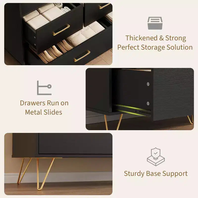 Commode de chambre, commode de 120 cm de large avec lumières LED, station de charge et 5 tiroirs coulissants, armoire de rangement moderne en bois