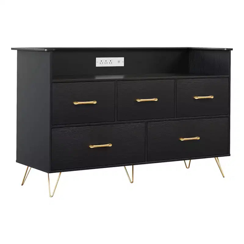 Commode de chambre, commode de 120 cm de large avec lumières LED, station de charge et 5 tiroirs coulissants, armoire de rangement moderne en bois