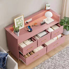 Commode de chambre, commode de 120 cm de large avec lumières LED, station de charge et 5 tiroirs coulissants, armoire de rangement moderne en bois