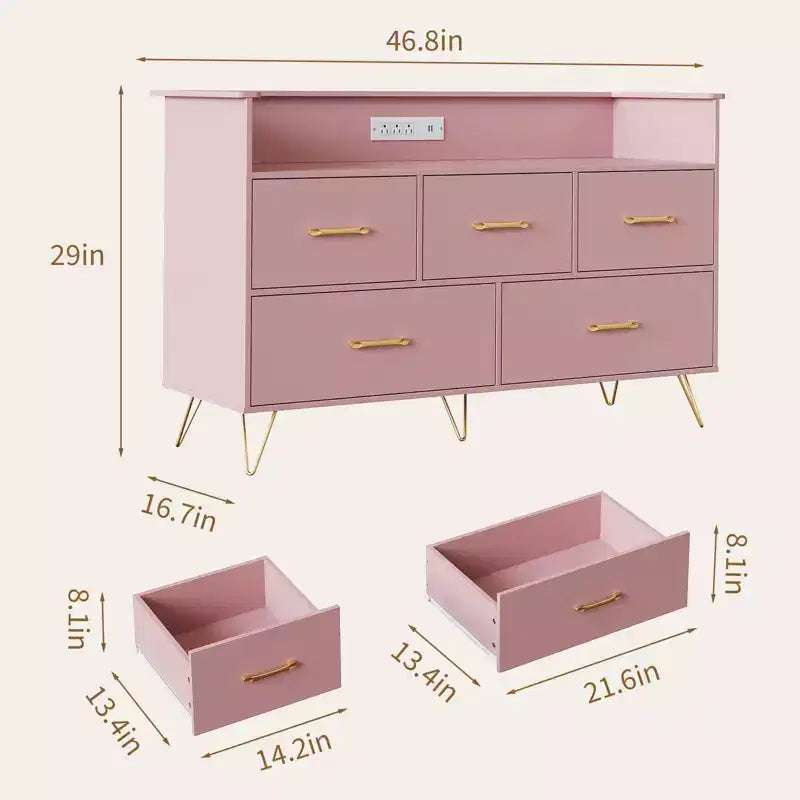 Commode de chambre, commode de 120 cm de large avec lumières LED, station de charge et 5 tiroirs coulissants, armoire de rangement moderne en bois