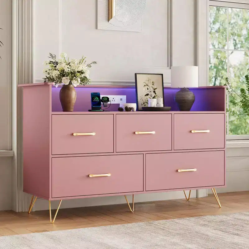 Commode de chambre, commode de 120 cm de large avec lumières LED, station de charge et 5 tiroirs coulissants, armoire de rangement moderne en bois
