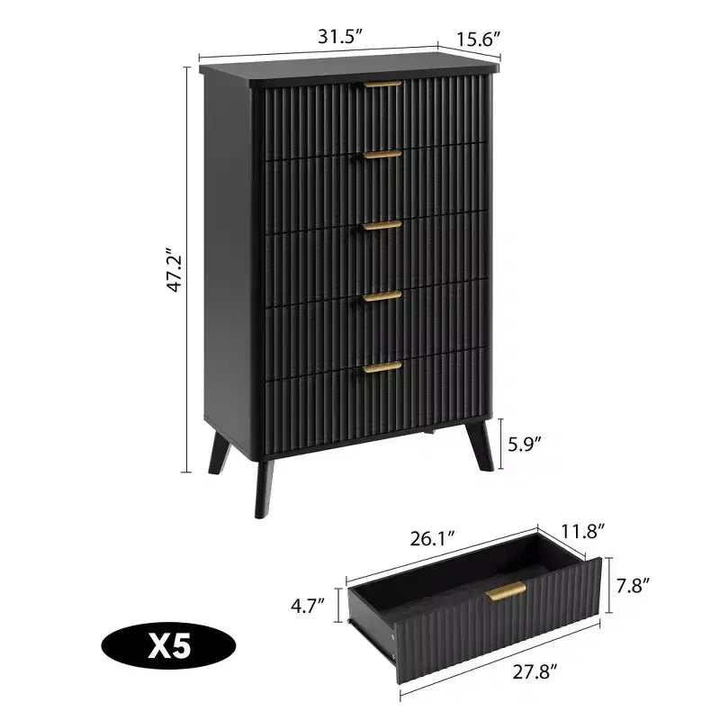 Commode cannelée pour chambre à coucher avec 5 tiroirs profonds, chiffonnier de 120 cm de haut avec plateau en faux marbre, design à profil incurvé, commode moderne en bois