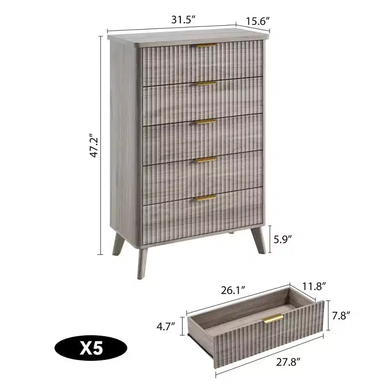 Commode cannelée pour chambre à coucher avec 5 tiroirs profonds, chiffonnier de 120 cm de haut avec plateau en faux marbre, design à profil incurvé, commode moderne en bois
