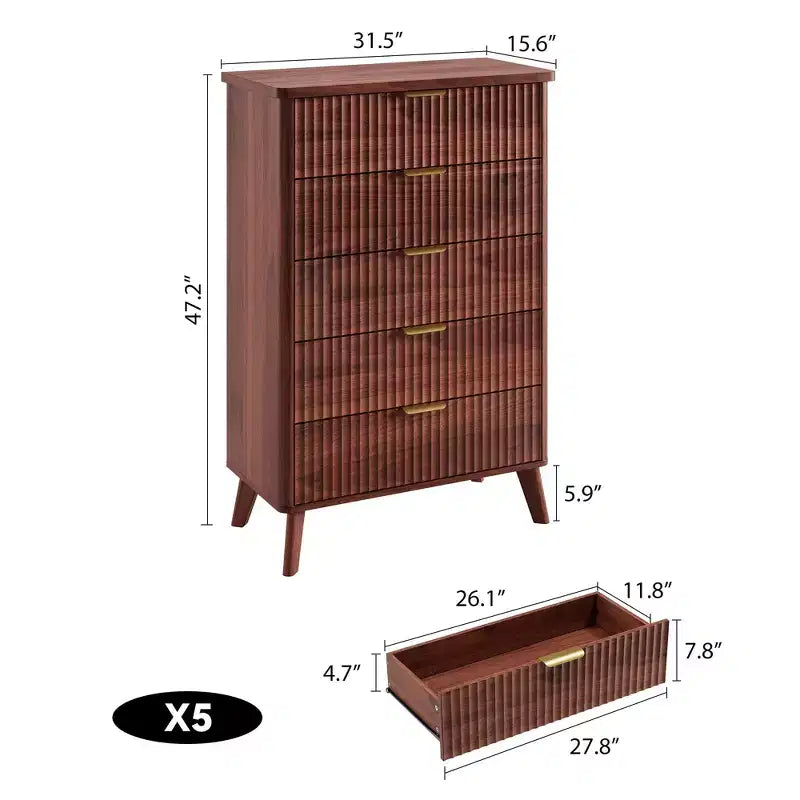 Commode cannelée pour chambre à coucher avec 5 tiroirs profonds, chiffonnier de 120 cm de haut avec plateau en faux marbre, design à profil incurvé, commode moderne en bois
