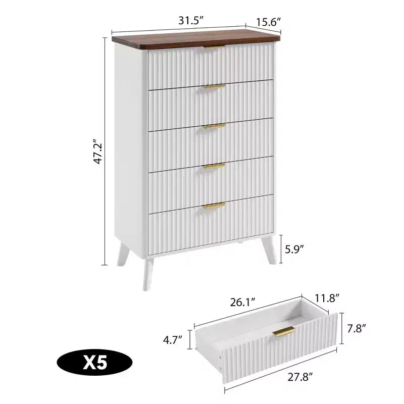 Commode cannelée pour chambre à coucher avec 5 tiroirs profonds, chiffonnier de 120 cm de haut avec plateau en faux marbre, design à profil incurvé, commode moderne en bois
