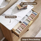 Commode cannelée pour chambre à coucher avec 5 tiroirs profonds, chiffonnier de 120 cm de haut avec plateau en faux marbre, design à profil incurvé, commode moderne en bois