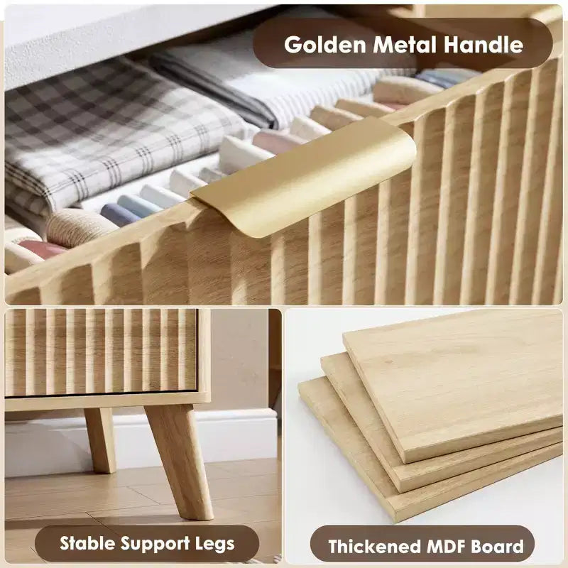 Commode cannelée pour chambre à coucher avec 5 tiroirs profonds, chiffonnier de 120 cm de haut avec plateau en faux marbre, design à profil incurvé, commode moderne en bois