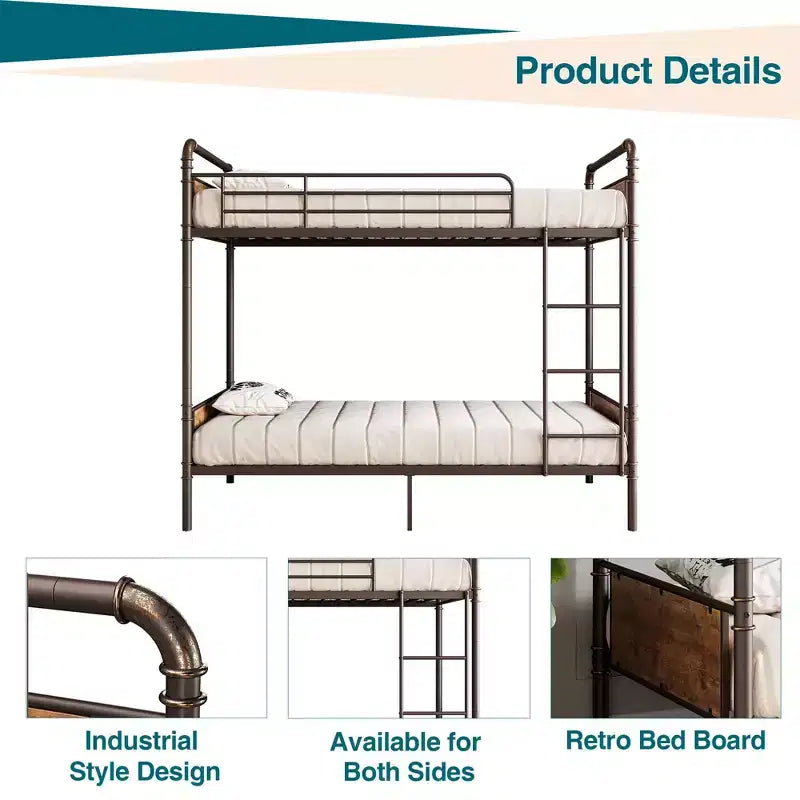 Lit superposé en métal une place sur une place avec barrière de sécurité haute et échelle, lits superposés en métal convertibles pour enfants, adolescents ou adultes, cadre robuste