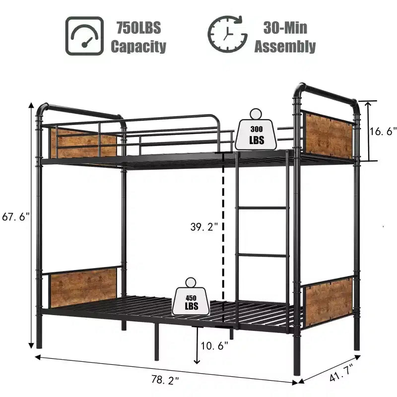 Lit superposé en métal une place sur une place avec barrière de sécurité haute et échelle, lits superposés en métal convertibles pour enfants, adolescents ou adultes, cadre robuste
