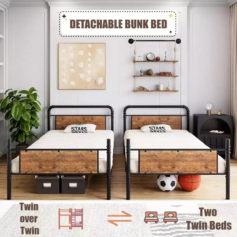 Lit superposé en métal une place sur une place avec barrière de sécurité haute et échelle, lits superposés en métal convertibles pour enfants, adolescents ou adultes, cadre robuste