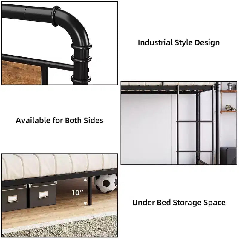Lit superposé en métal une place sur une place avec barrière de sécurité haute et échelle, lits superposés en métal convertibles pour enfants, adolescents ou adultes, cadre robuste