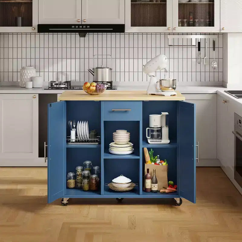 Desserte de cuisine roulante avec plateau en bois massif, îlot de travail portable avec étagères de rangement, 1 tiroir et roulettes verrouillables