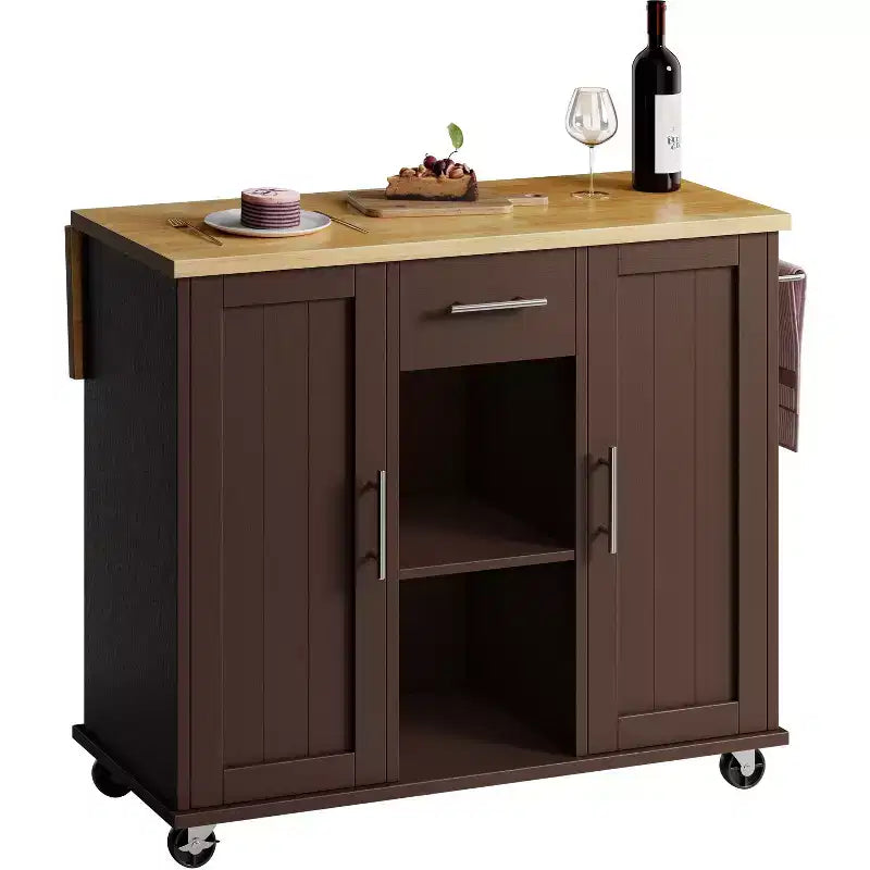 Desserte de cuisine roulante avec plateau en bois massif, îlot de travail portable avec étagères de rangement, 1 tiroir et roulettes verrouillables