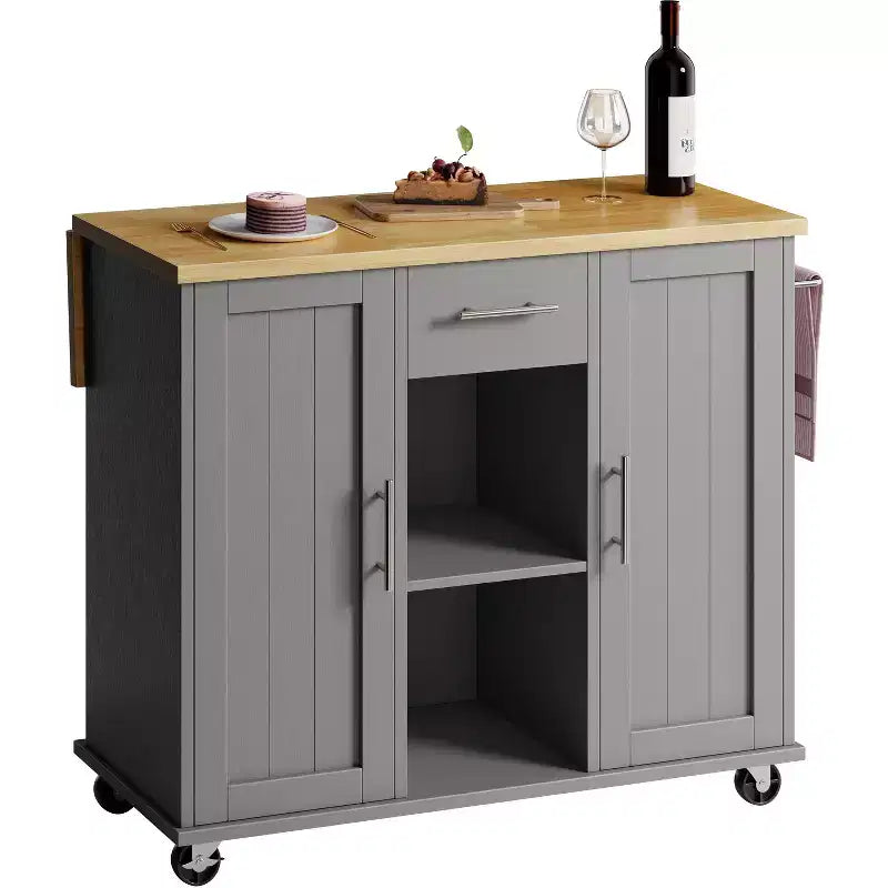 Desserte de cuisine roulante avec plateau en bois massif, îlot de travail portable avec étagères de rangement, 1 tiroir et roulettes verrouillables
