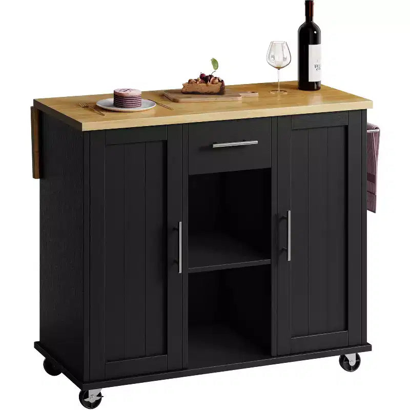 Desserte de cuisine roulante avec plateau en bois massif, îlot de travail portable avec étagères de rangement, 1 tiroir et roulettes verrouillables