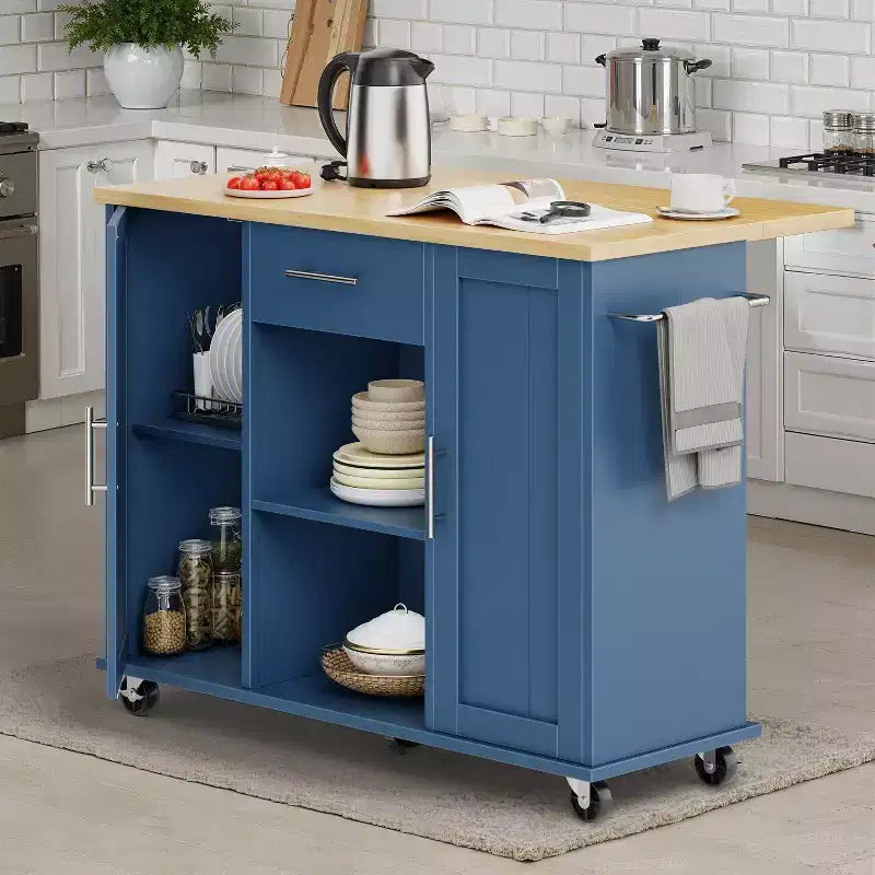 Desserte de cuisine roulante avec plateau en bois massif, îlot de travail portable avec étagères de rangement, 1 tiroir et roulettes verrouillables