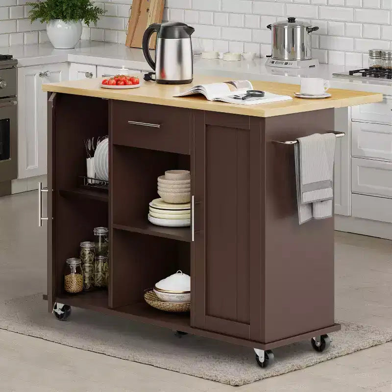 Desserte de cuisine roulante avec plateau en bois massif, îlot de travail portable avec étagères de rangement, 1 tiroir et roulettes verrouillables