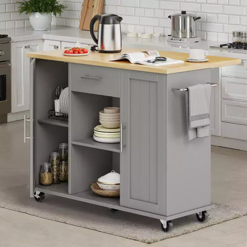 Desserte de cuisine roulante avec plateau en bois massif, îlot de travail portable avec étagères de rangement, 1 tiroir et roulettes verrouillables