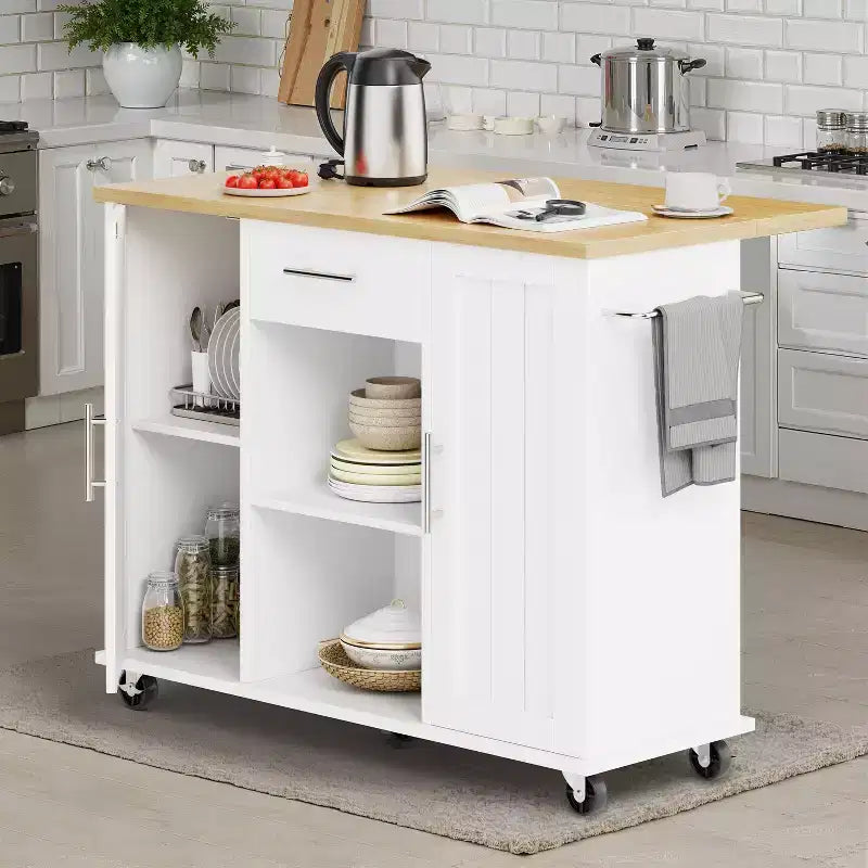 Desserte de cuisine roulante avec plateau en bois massif, îlot de travail portable avec étagères de rangement, 1 tiroir et roulettes verrouillables