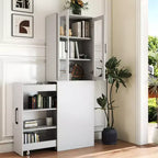 JVNOXK-70.87inch Tall Display Storage Cabinet with Four-Tier Multi-Function Pull-Out Shelves and Double Glass Doors, Kitchen Storage Cabinet-Wood
