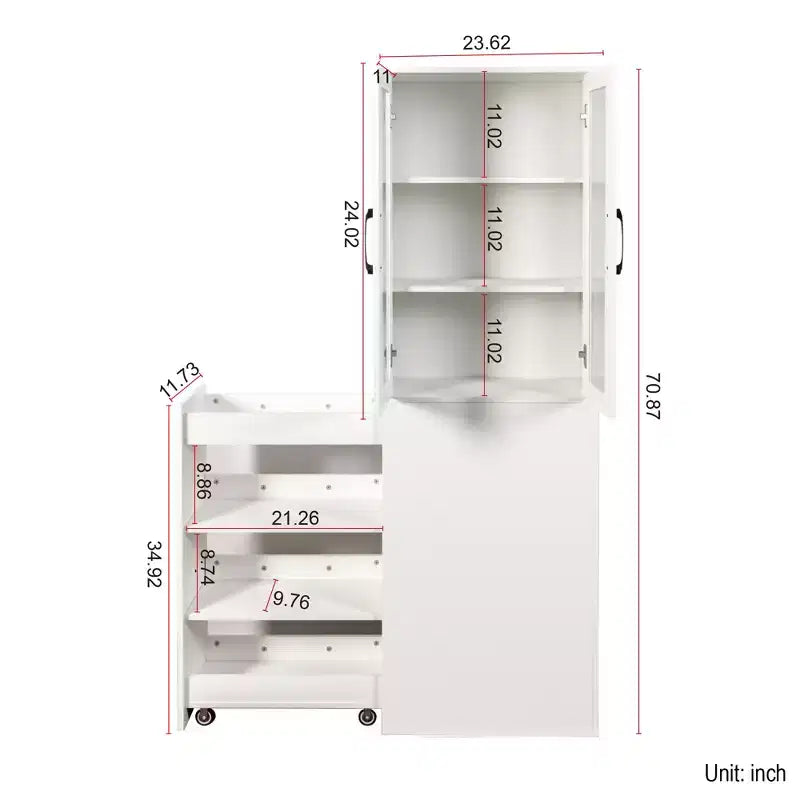 Meuble de rangement vitrine de 180 cm de haut avec étagères coulissantes multifonction à quatre niveaux et portes doubles en verre, armoire de rangement de cuisine - Bois