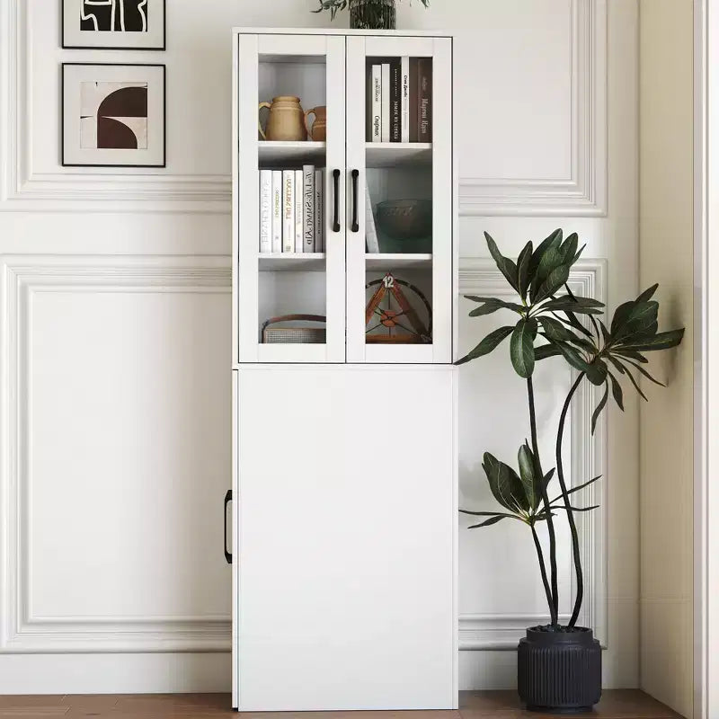Meuble de rangement vitrine de 180 cm de haut avec étagères coulissantes multifonction à quatre niveaux et portes doubles en verre, armoire de rangement de cuisine - Bois