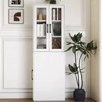 Meuble de rangement vitrine de 180 cm de haut avec étagères coulissantes multifonction à quatre niveaux et portes doubles en verre, armoire de rangement de cuisine - Bois