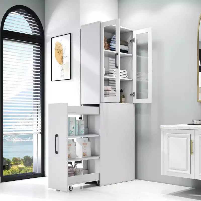 Meuble de rangement vitrine de 180 cm de haut avec étagères coulissantes multifonction à quatre niveaux et portes doubles en verre, armoire de rangement de cuisine - Bois