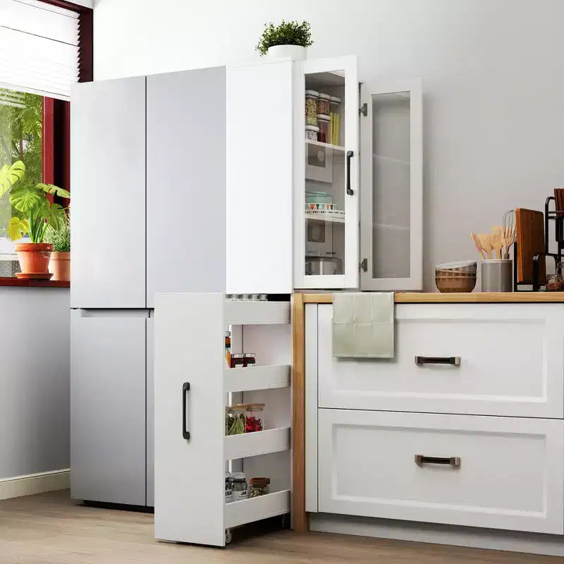 Meuble de rangement vitrine de 180 cm de haut avec étagères coulissantes multifonction à quatre niveaux et portes doubles en verre, armoire de rangement de cuisine - Bois