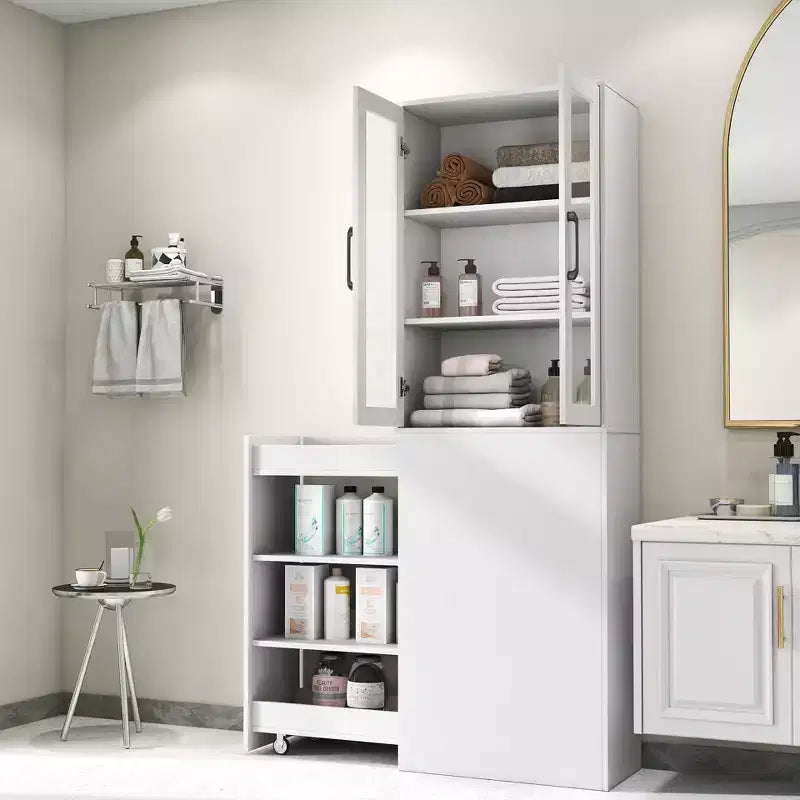 Meuble de rangement vitrine de 180 cm de haut avec étagères coulissantes multifonction à quatre niveaux et portes doubles en verre, armoire de rangement de cuisine - Bois