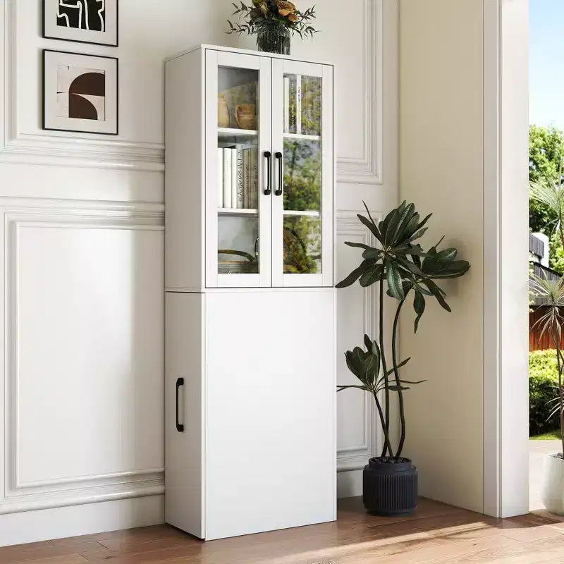 Meuble de rangement vitrine de 180 cm de haut avec étagères coulissantes multifonction à quatre niveaux et portes doubles en verre, armoire de rangement de cuisine - Bois